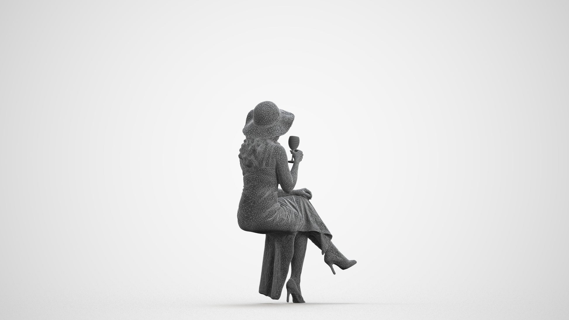 3D human model woman casual sitting, photogrammetry scanned person for archviz, wireframe front view