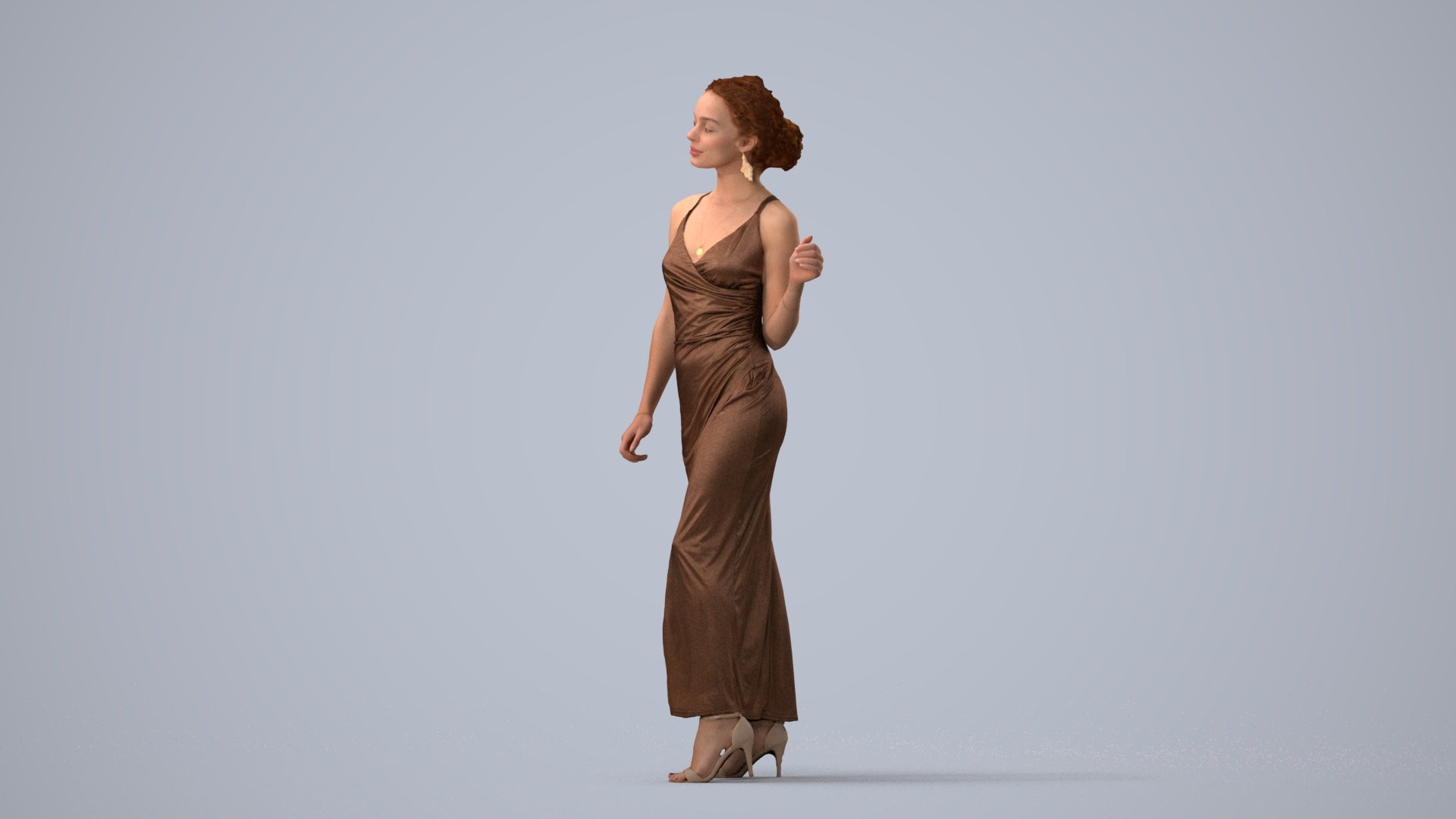 3D human model woman formal formalaffairs, photogrammetry scanned person for archviz, three-quarter view render