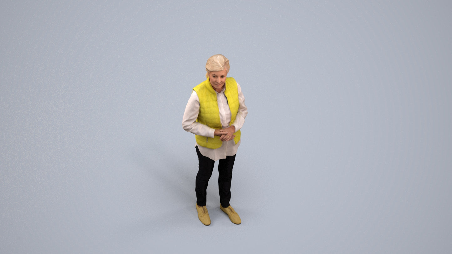 realistic 3D senior woman casual standing, scanned archviz people for Blender and 3ds Max, back view render
