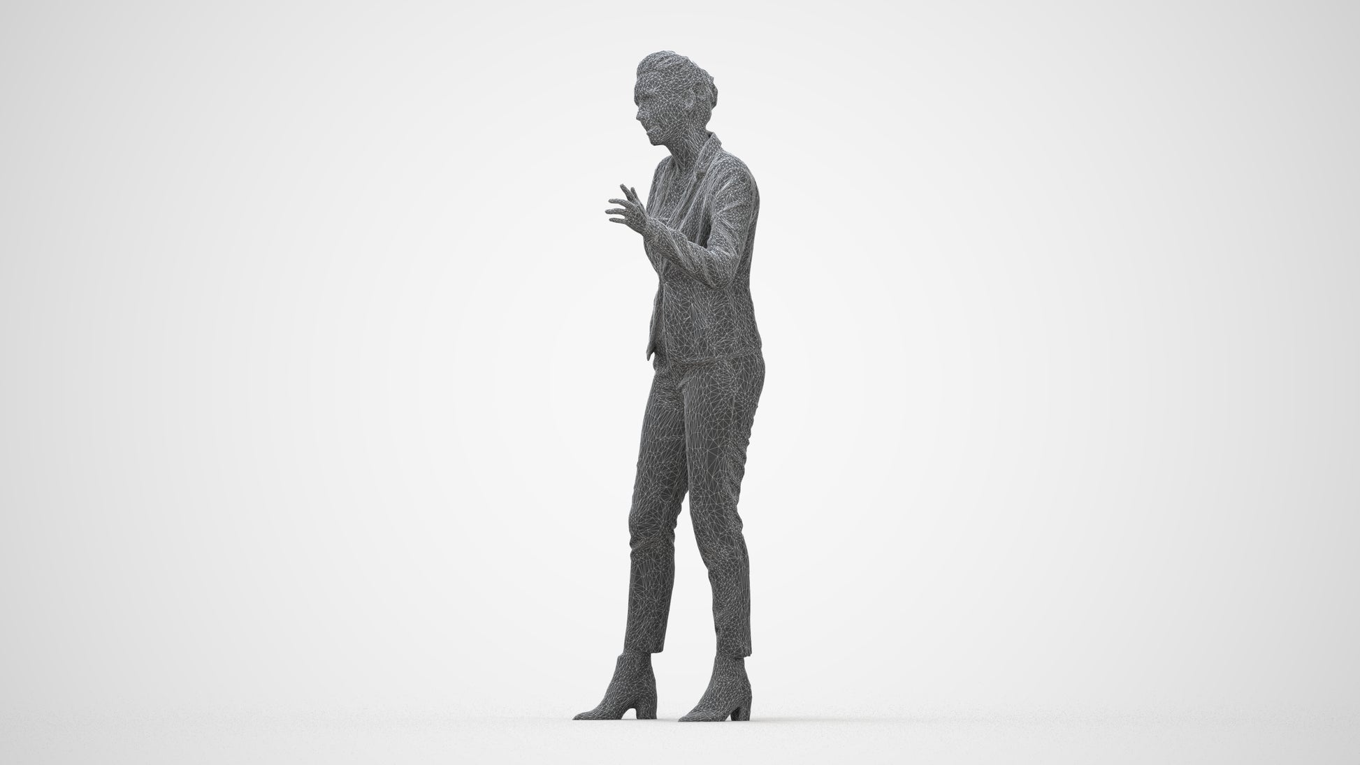 3D human model woman business, photogrammetry scanned person for archviz, wireframe back view