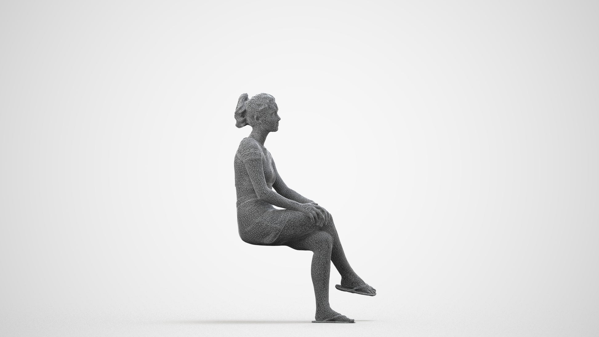 3D scanned woman sitting casual, photorealistic archviz people for Enscape and SketchUp, wireframe side view