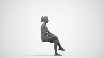 3D scanned woman sitting casual, photorealistic archviz people for Enscape and SketchUp, wireframe side view
