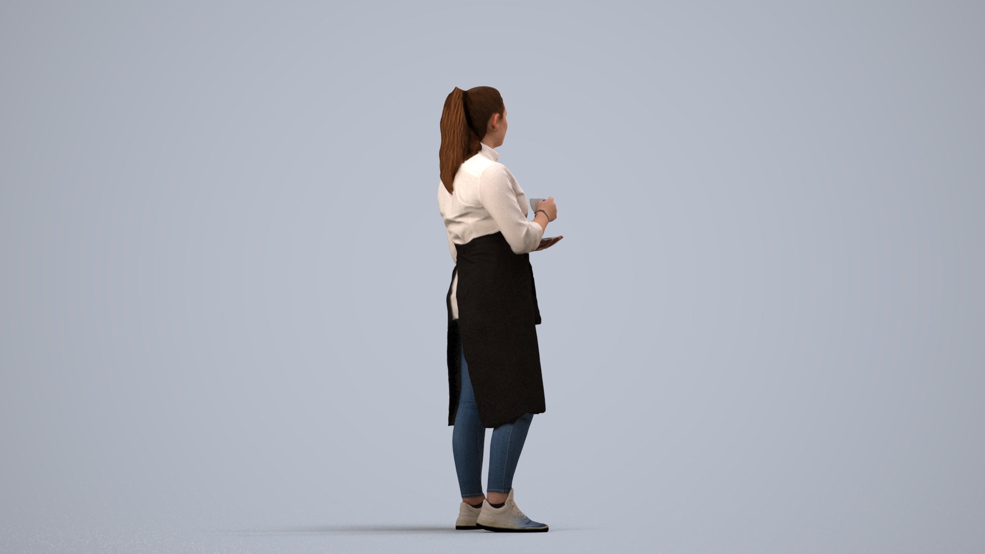 realistic 3D woman hospitality, scanned archviz people for Blender and 3ds Max, side view render