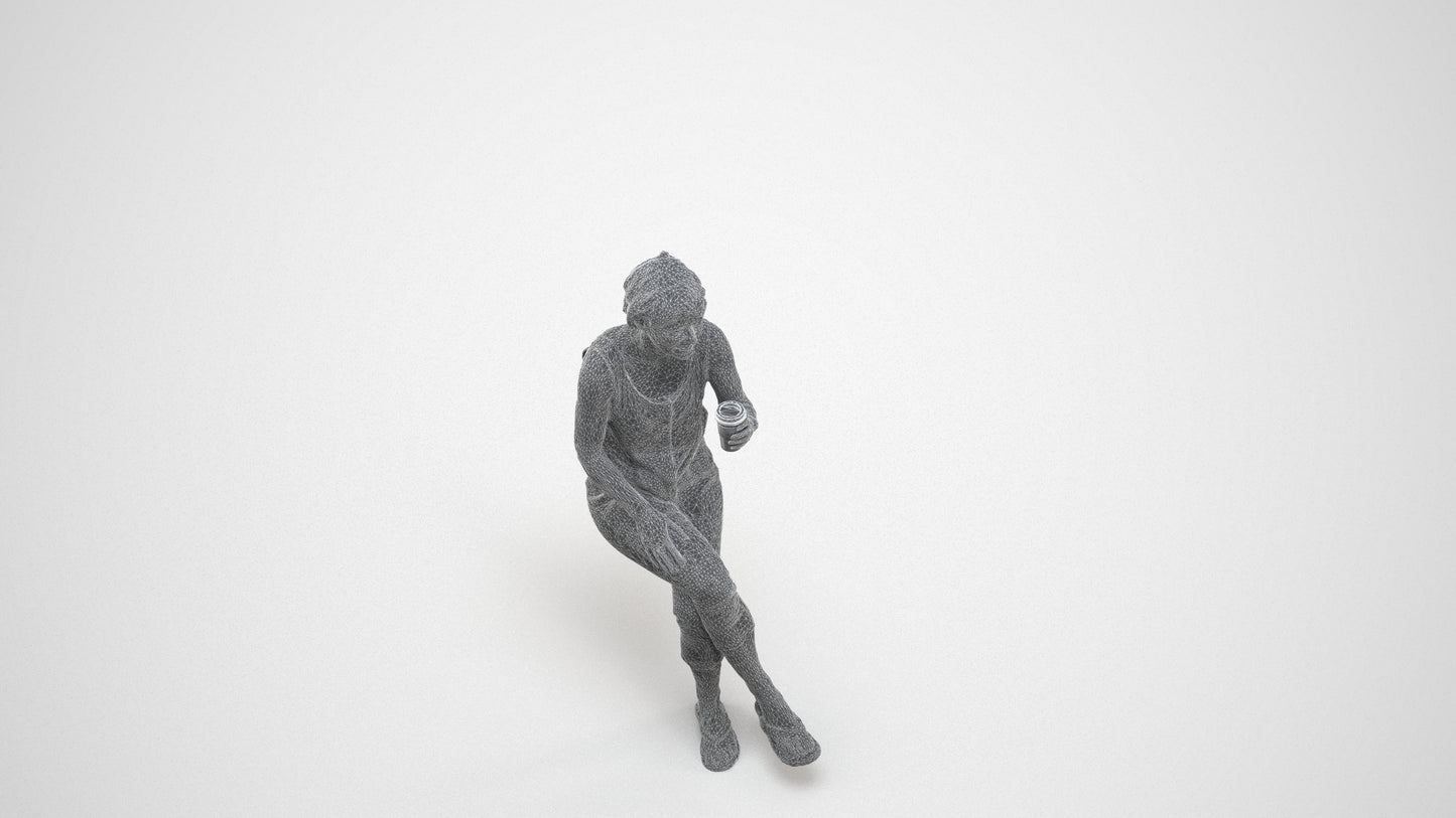 3D human model senior woman sitting, photogrammetry scanned person for archviz, wireframe three-quarter view