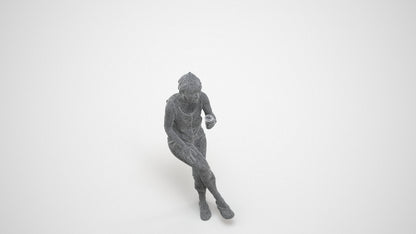 3D human model senior woman sitting, photogrammetry scanned person for archviz, wireframe three-quarter view
