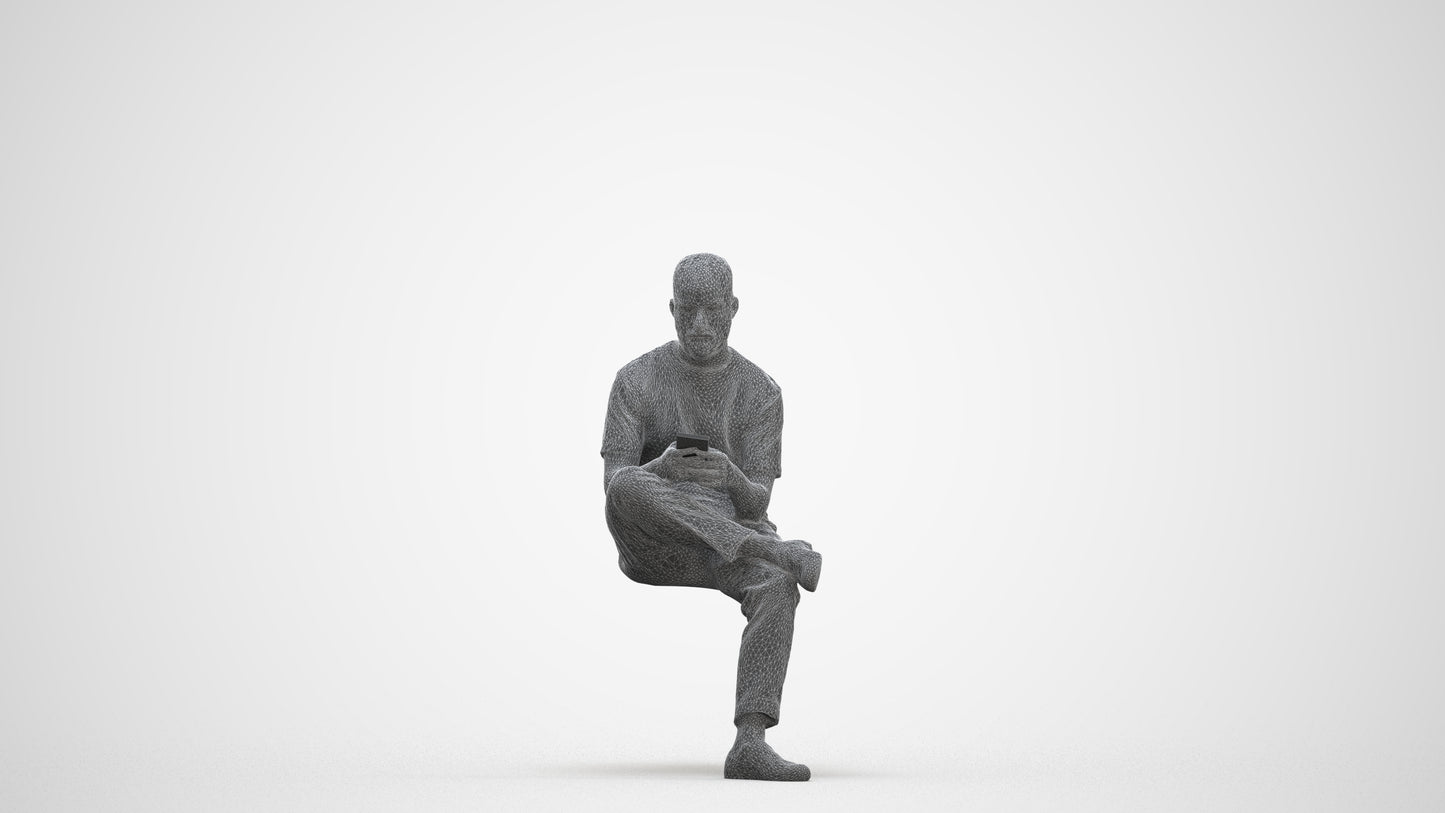 photogrammetry 3D man casual sitting, realistic human model archviz FBX, three-quarter front view render