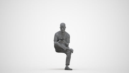 photogrammetry 3D man casual sitting, realistic human model archviz FBX, three-quarter front view render