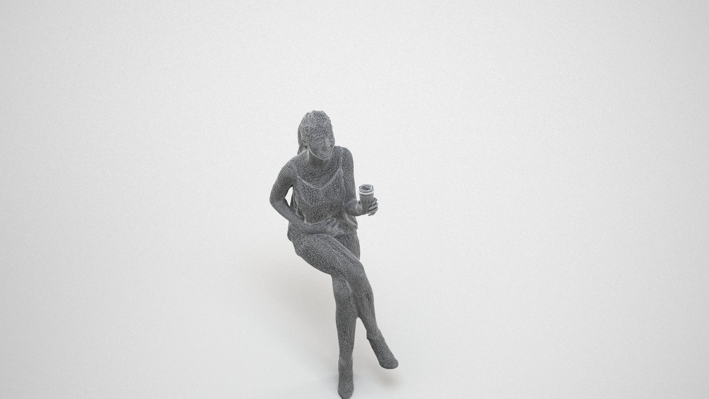 photogrammetry 3D girl casual sitting, realistic human model archviz FBX, wireframe three-quarter view