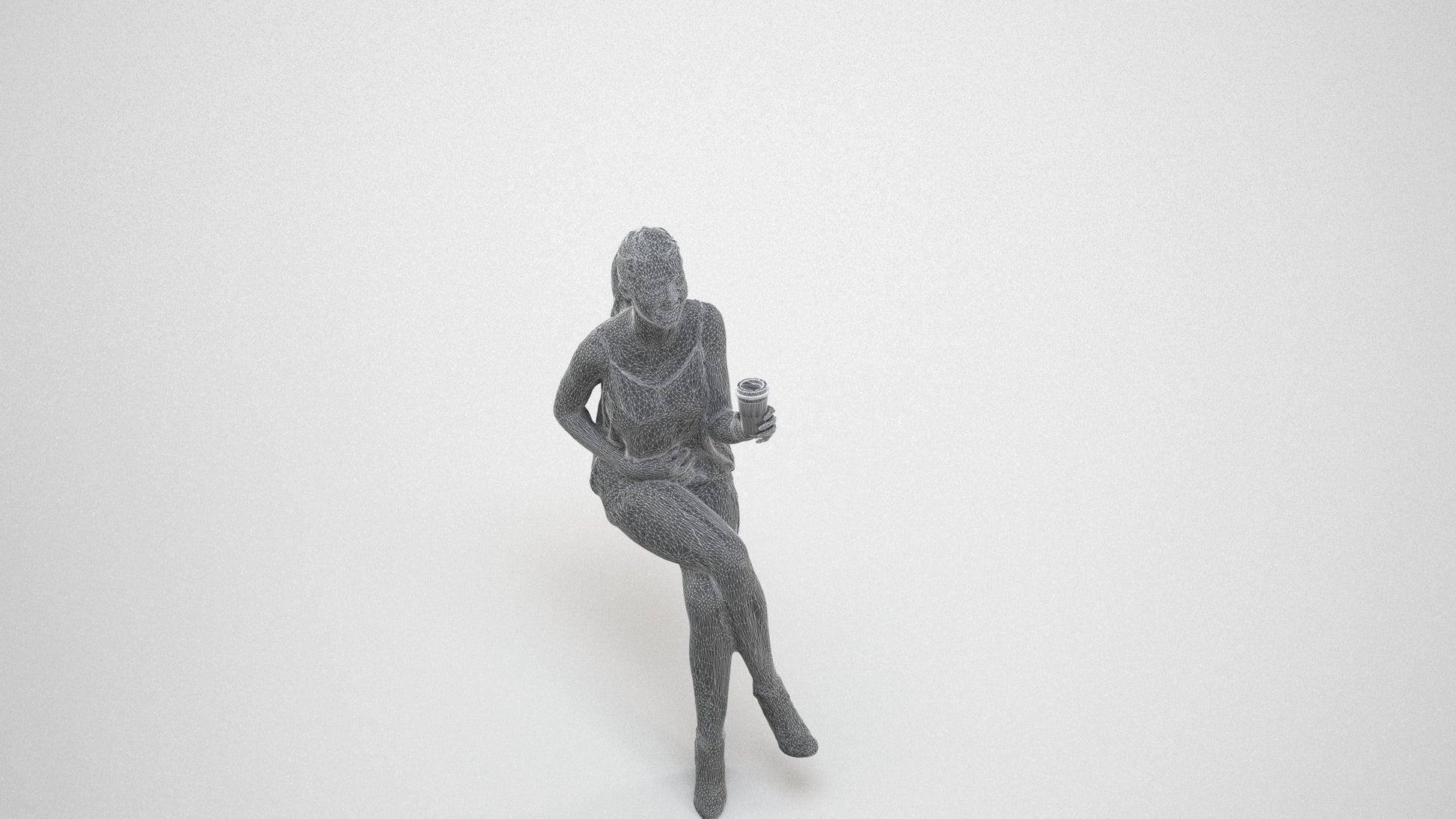 photogrammetry 3D girl casual sitting, realistic human model archviz FBX, wireframe three-quarter view