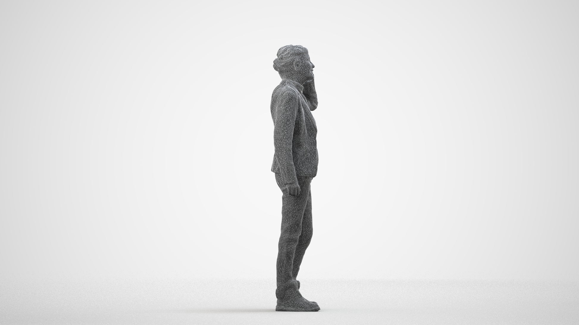 3D scanned senior woman standing business, photorealistic archviz people for Enscape and SketchUp, wireframe side view