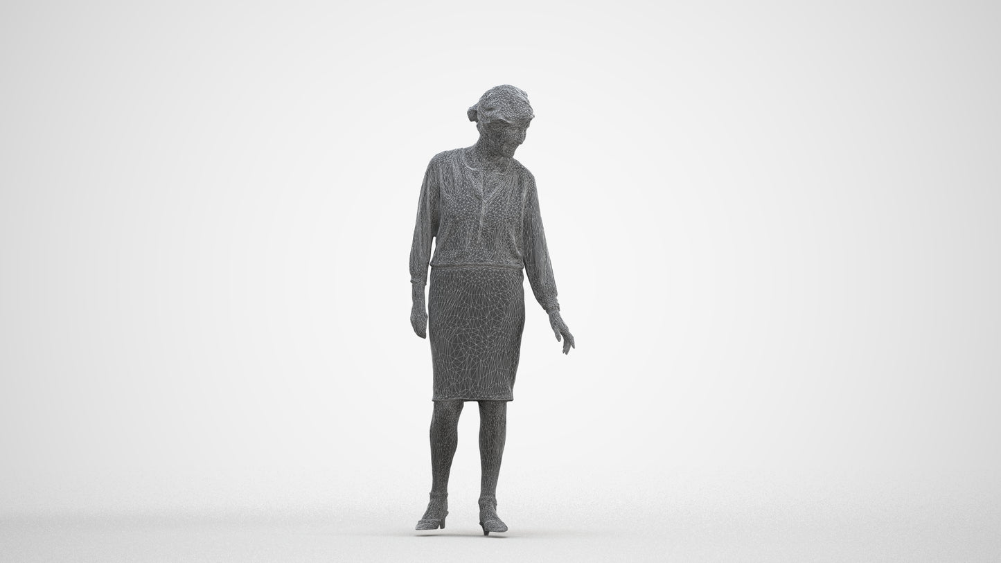 3D human model senior woman business standing, photogrammetry scanned person for archviz, three-quarter front view render