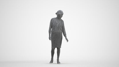 3D human model senior woman business standing, photogrammetry scanned person for archviz, three-quarter front view render
