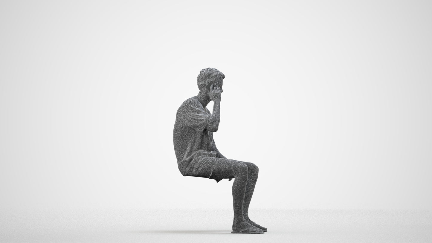 scanned 3D man casual sitting, photogrammetry people for Enscape and V-Ray, wireframe side view