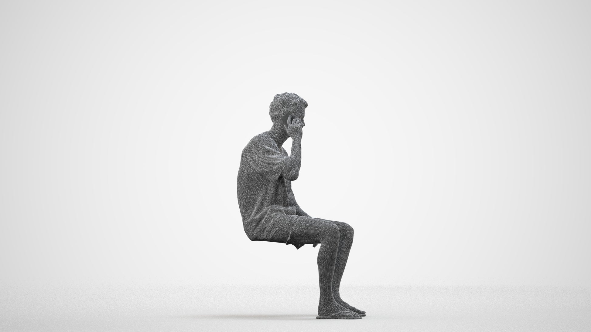 scanned 3D man casual sitting, photogrammetry people for Enscape and V-Ray, wireframe side view