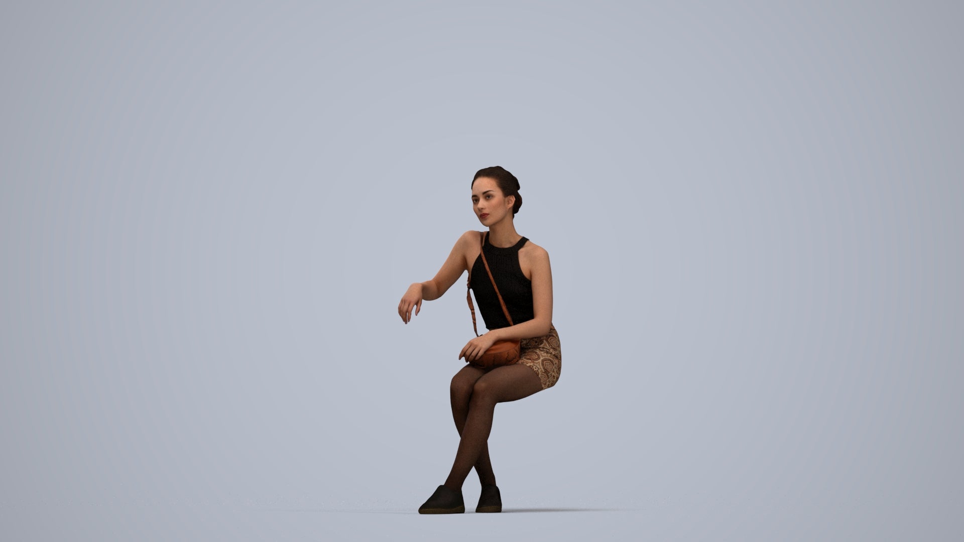 photogrammetry 3D woman casual sitting, realistic human model archviz FBX, top-down view render