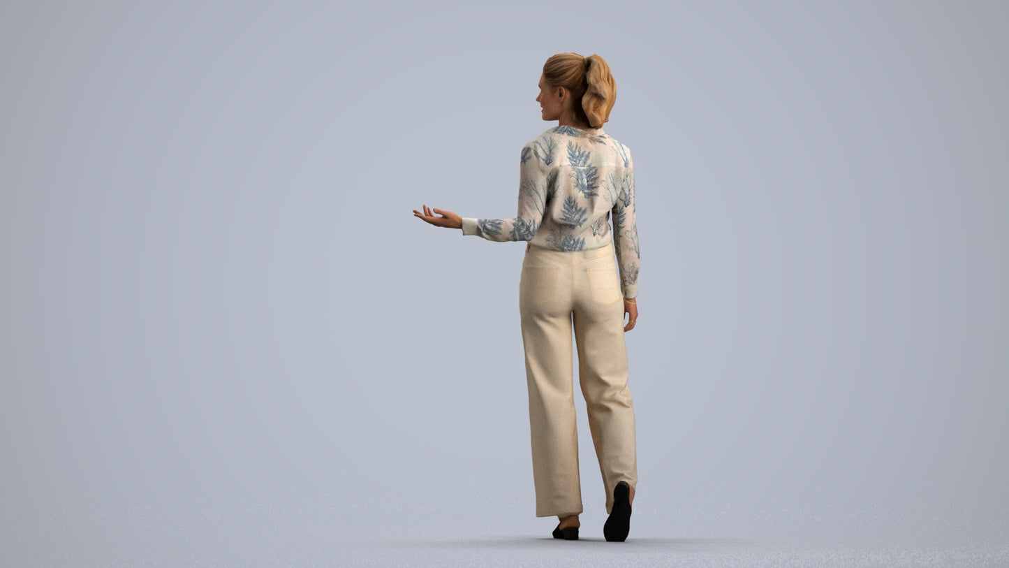 3D scanned woman walking casual, photorealistic archviz people for Enscape and SketchUp, front view render