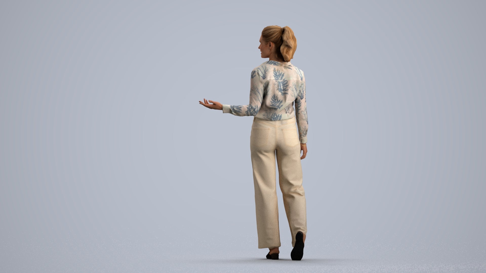 3D scanned woman walking casual, photorealistic archviz people for Enscape and SketchUp, front view render