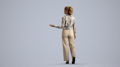 3D scanned woman walking casual, photorealistic archviz people for Enscape and SketchUp, front view render