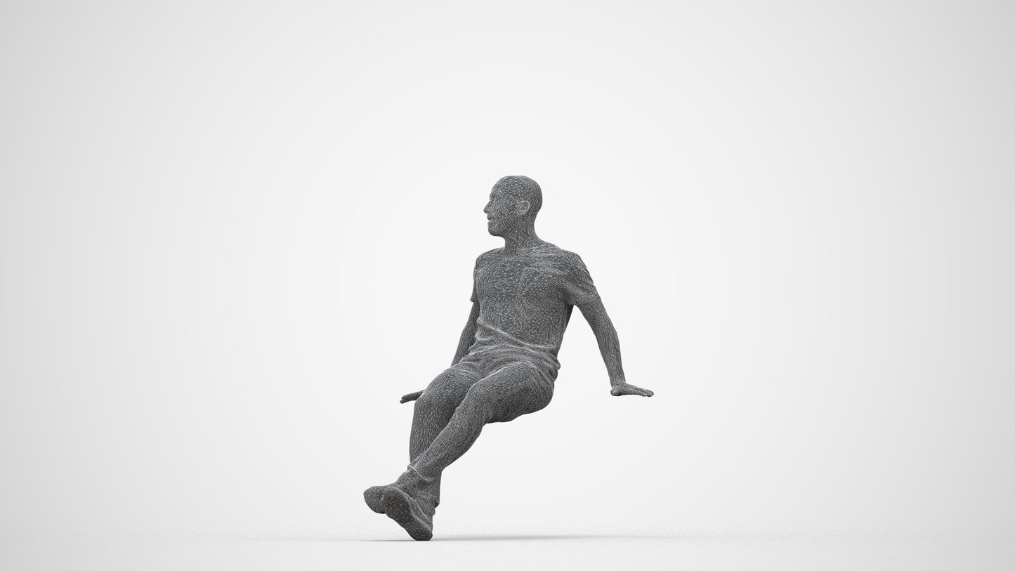 photogrammetry 3D man casual sitting, realistic human model archviz FBX, wireframe back view