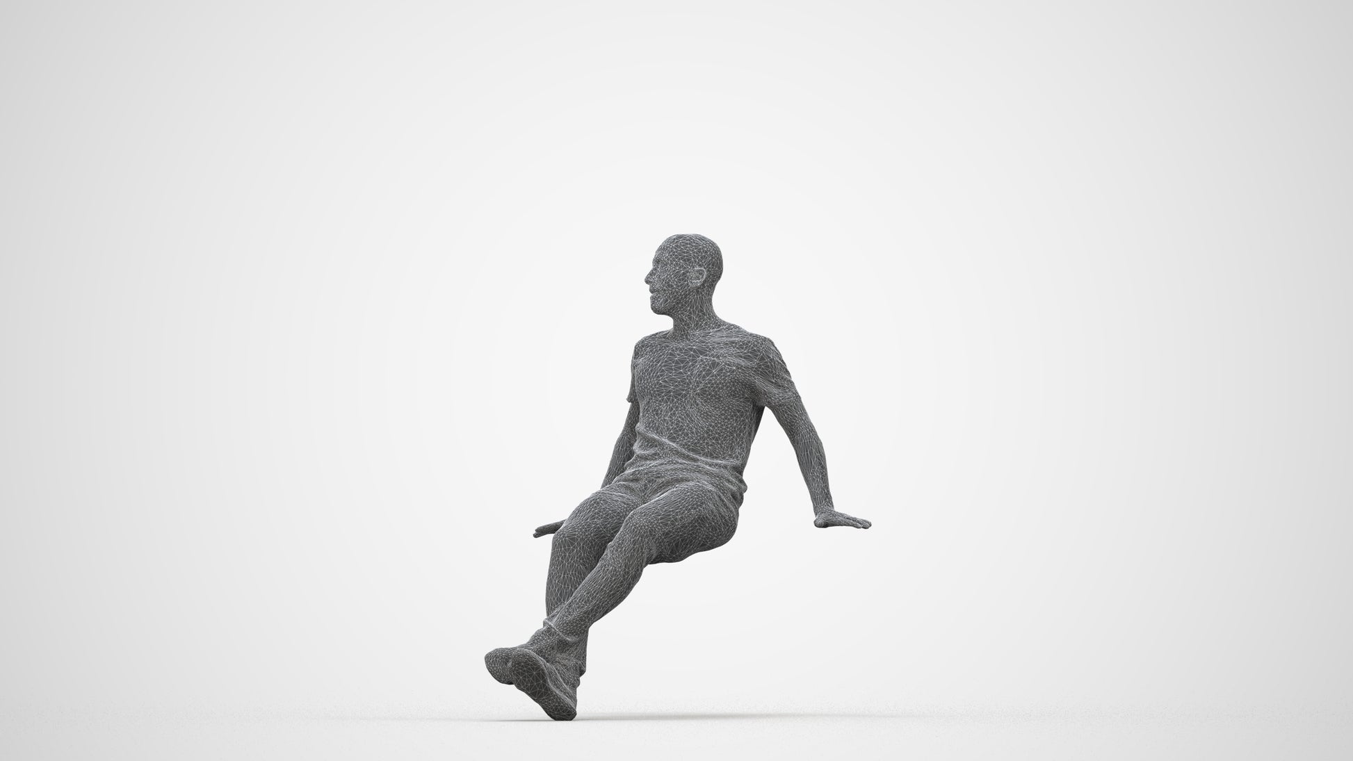 photogrammetry 3D man casual sitting, realistic human model archviz FBX, wireframe back view