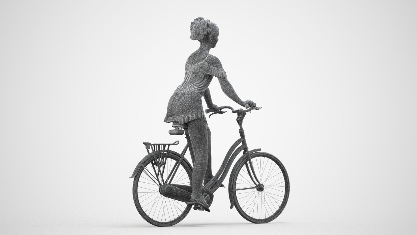 scanned 3D girl casual cycling, photogrammetry people for Enscape and V-Ray, wireframe side view