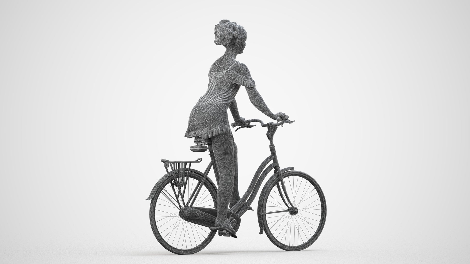 scanned 3D girl casual cycling, photogrammetry people for Enscape and V-Ray, wireframe side view