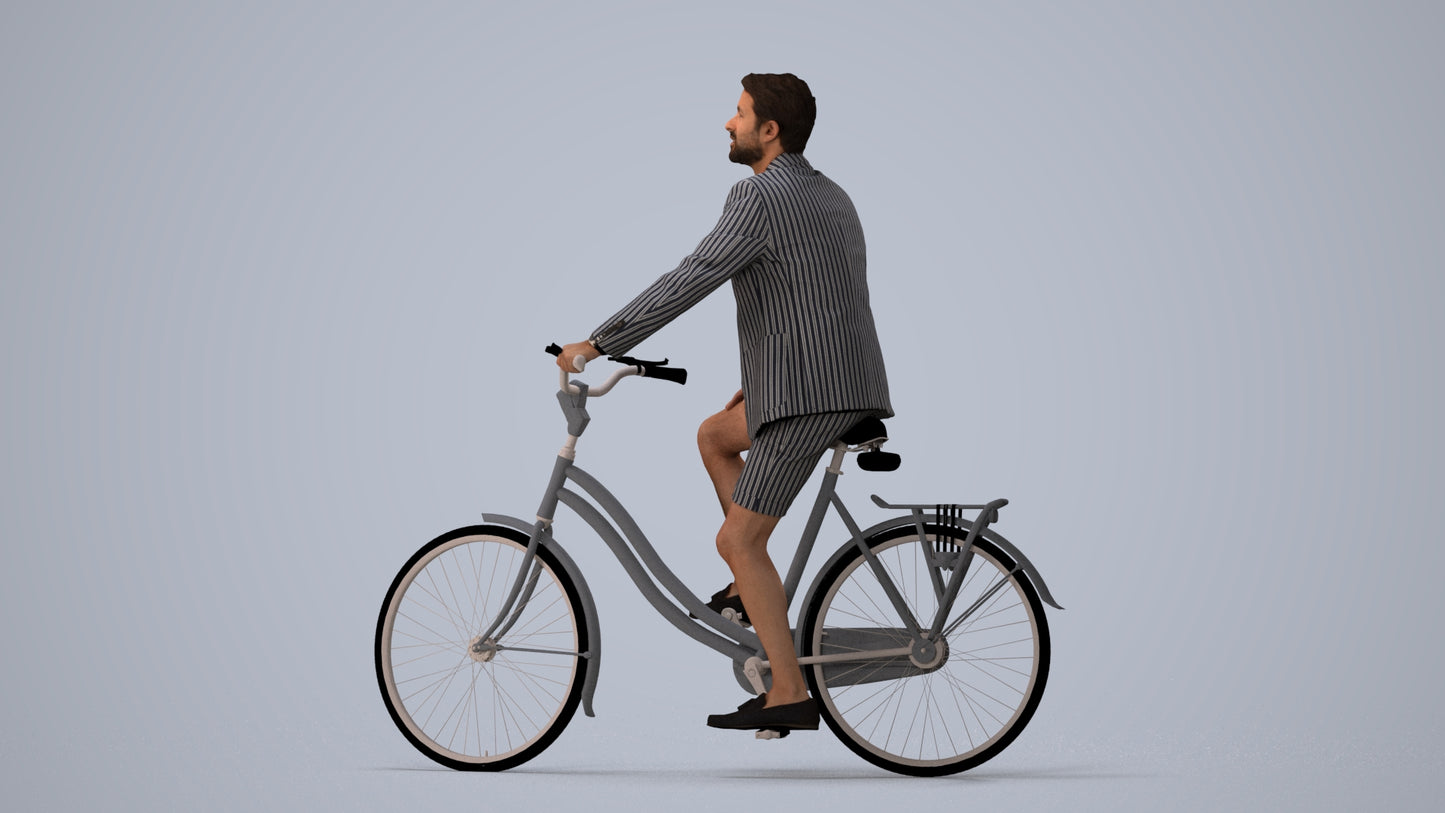 3D scanned man cycling business, photorealistic archviz people for Enscape and SketchUp, three-quarter view render