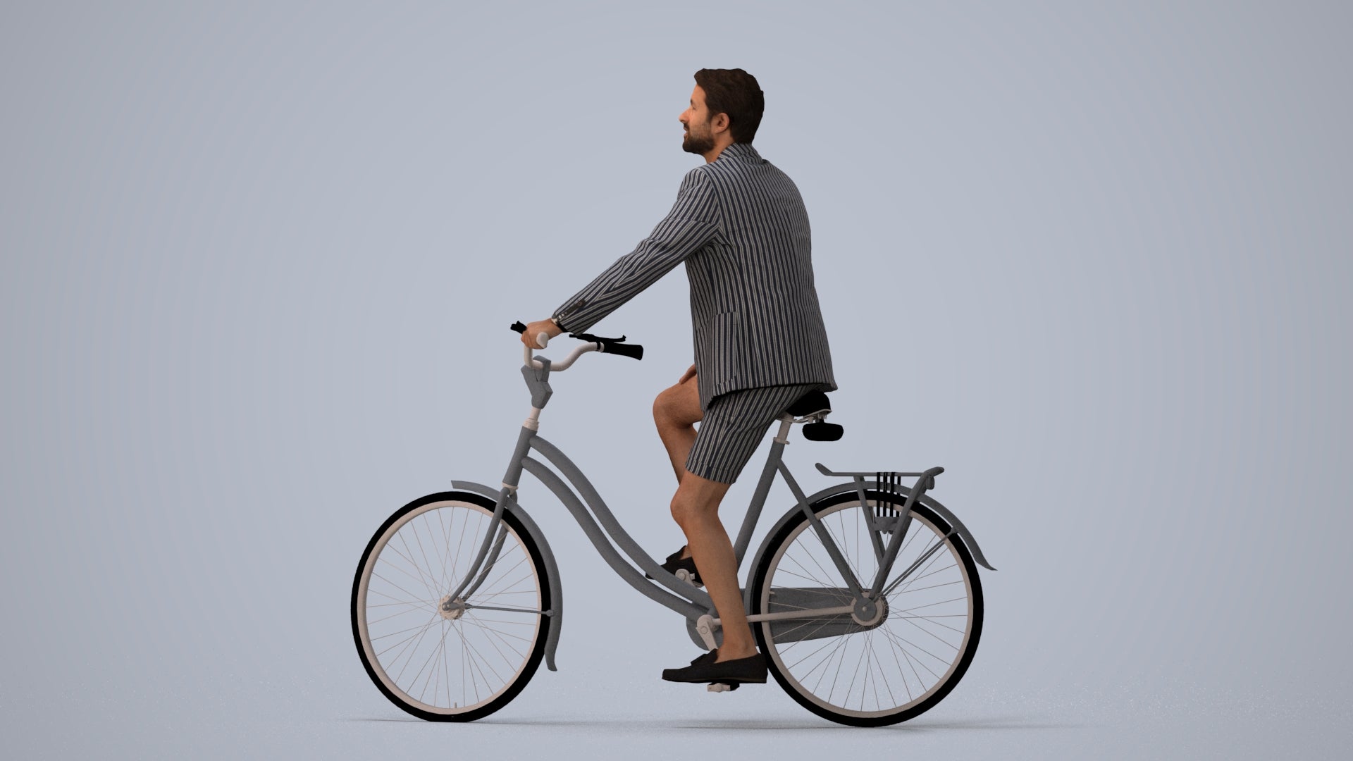 3D scanned man cycling business, photorealistic archviz people for Enscape and SketchUp, three-quarter view render