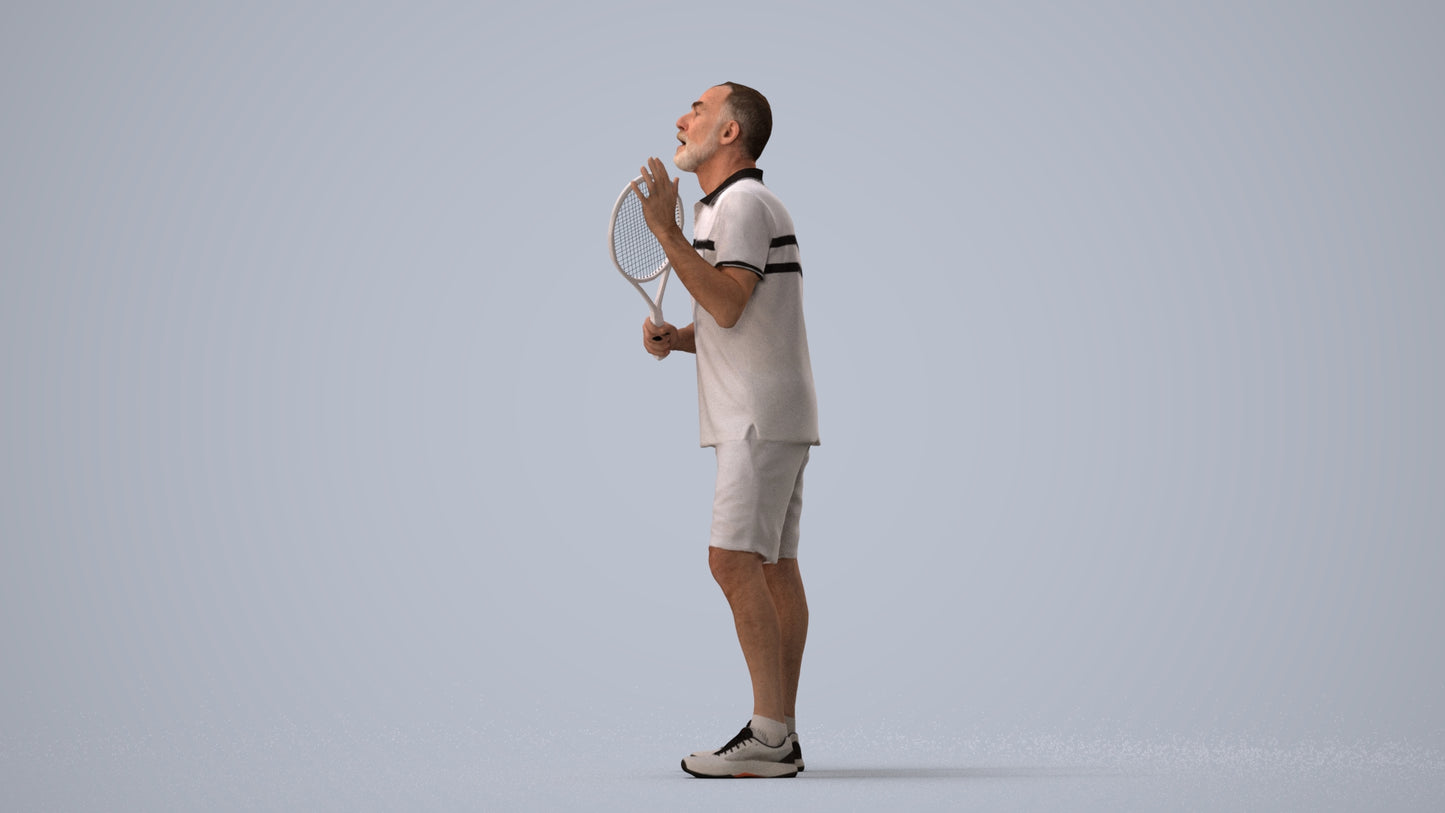 3D human model senior man sport, photogrammetry scanned person for archviz, three-quarter view render