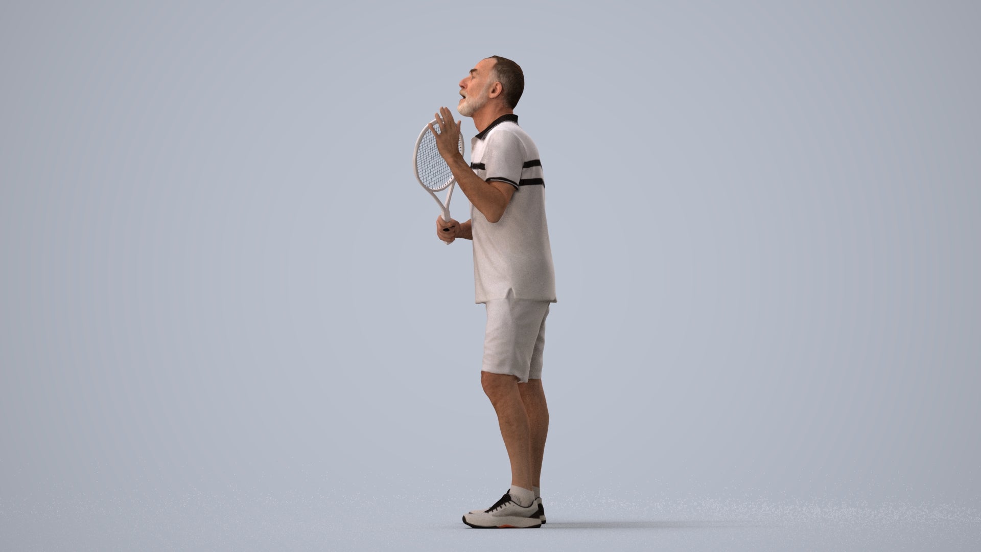 3D human model senior man sport, photogrammetry scanned person for archviz, three-quarter view render