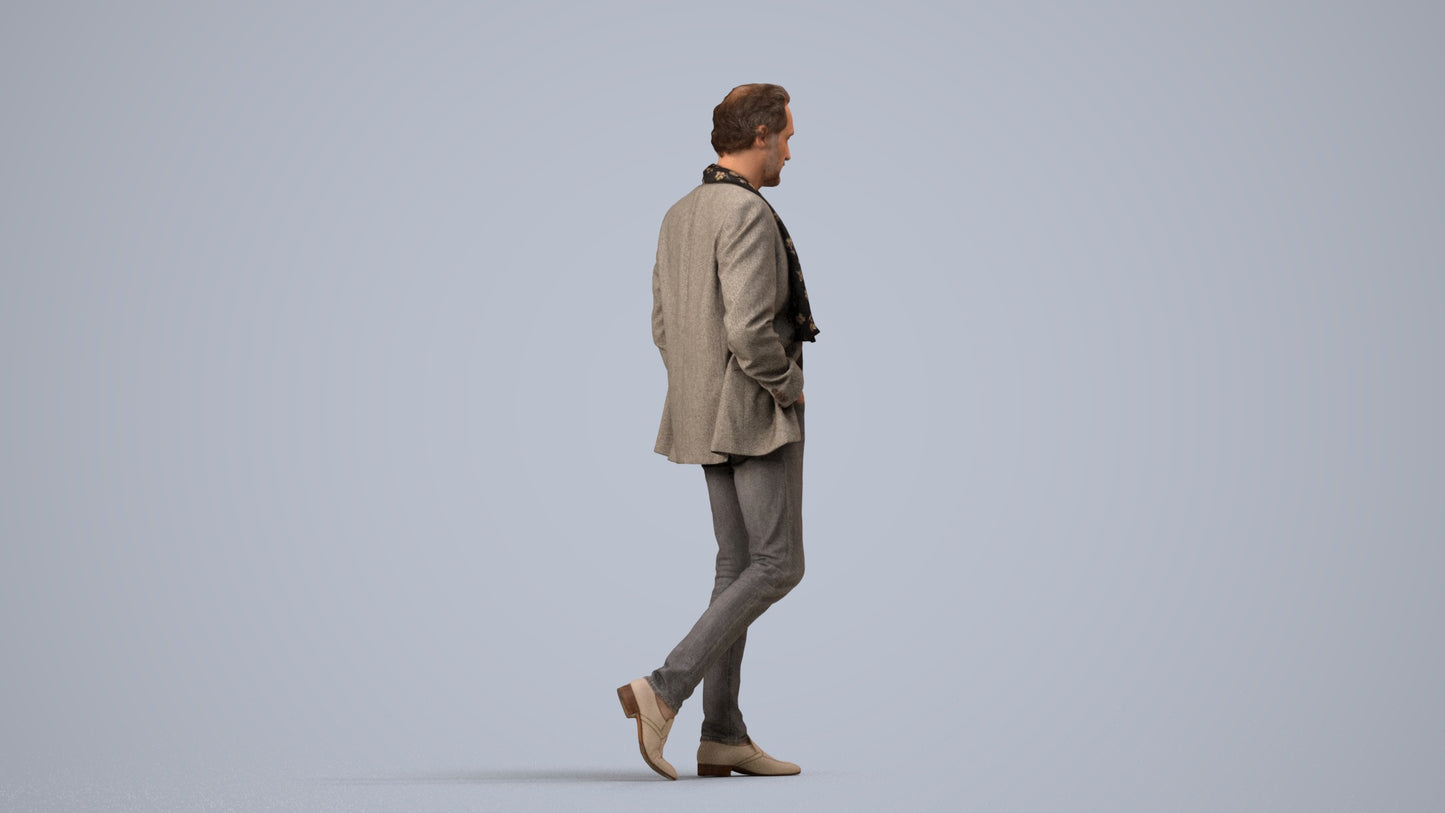 realistic 3D man business standing, scanned archviz people for Blender and 3ds Max, side view render