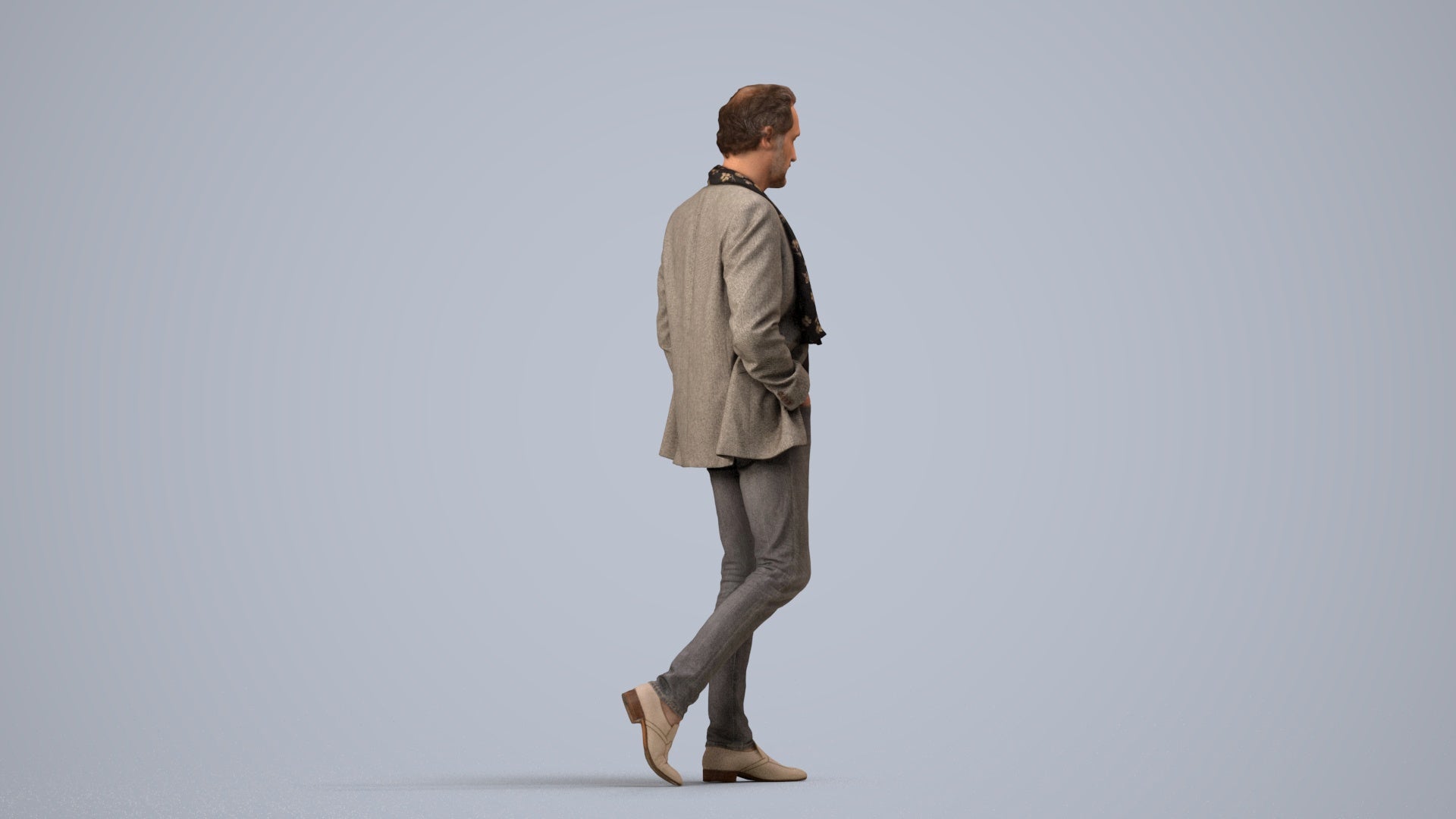 realistic 3D man business standing, scanned archviz people for Blender and 3ds Max, side view render