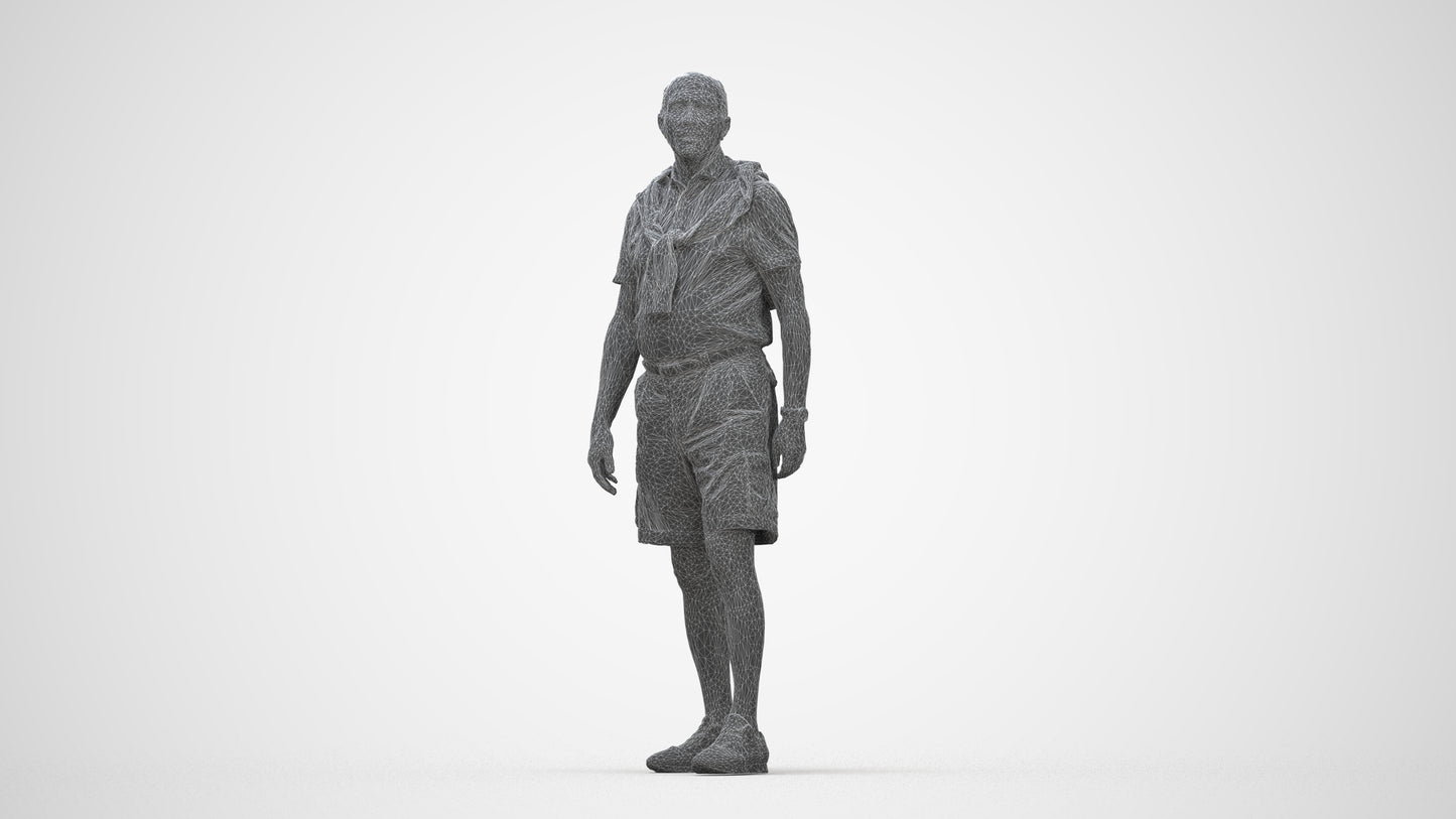 3D scanned senior man standing casual, photorealistic archviz people for Enscape and SketchUp, wireframe back view