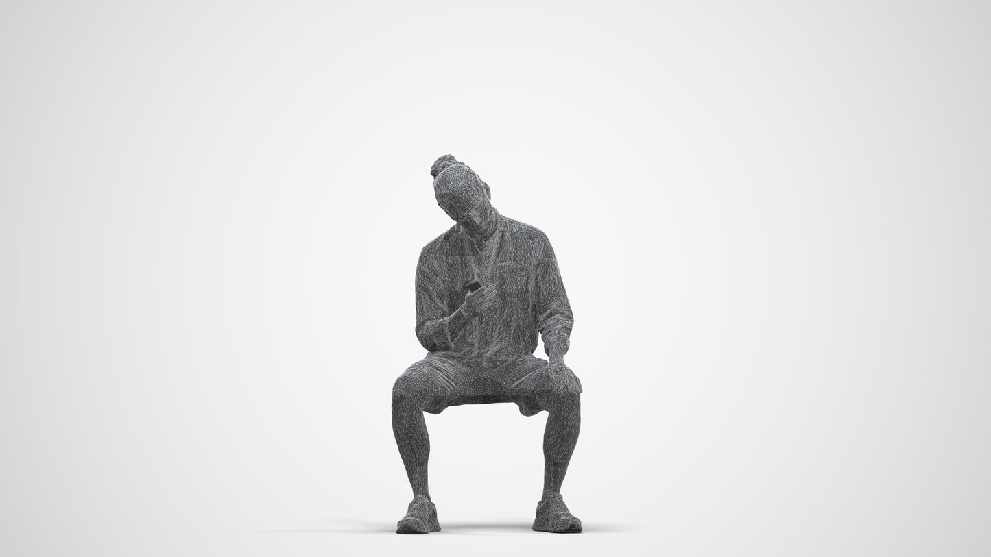 photogrammetry 3D man casual sitting, realistic human model archviz FBX, three-quarter front view render
