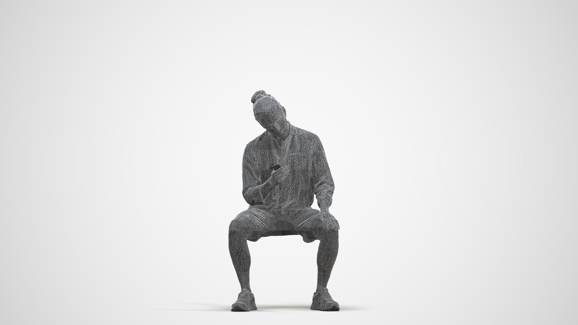 photogrammetry 3D man casual sitting, realistic human model archviz FBX, three-quarter front view render