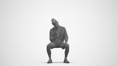 photogrammetry 3D man casual sitting, realistic human model archviz FBX, three-quarter front view render
