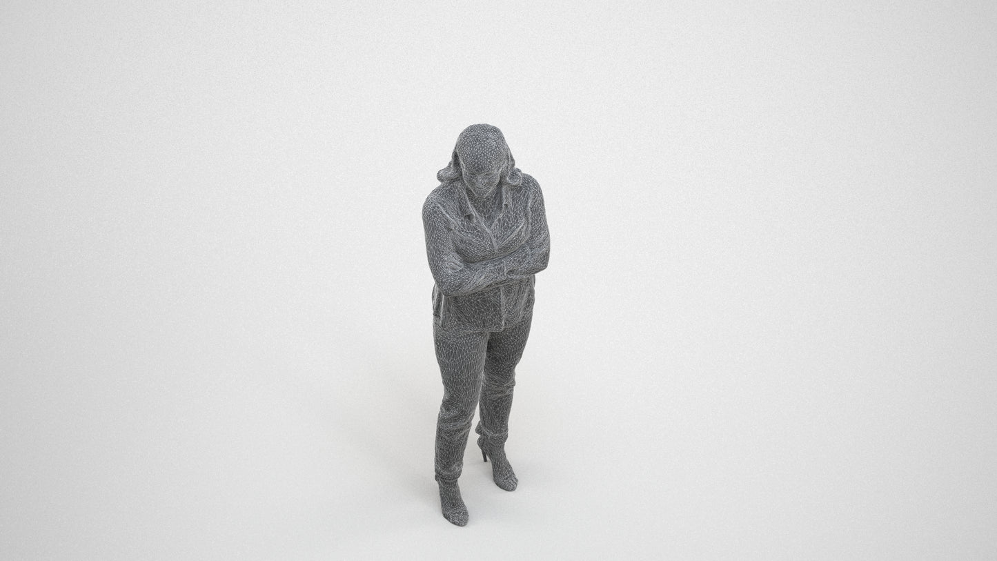 3D scanned woman standing casual, photorealistic archviz people for Enscape and SketchUp, wireframe three-quarter view