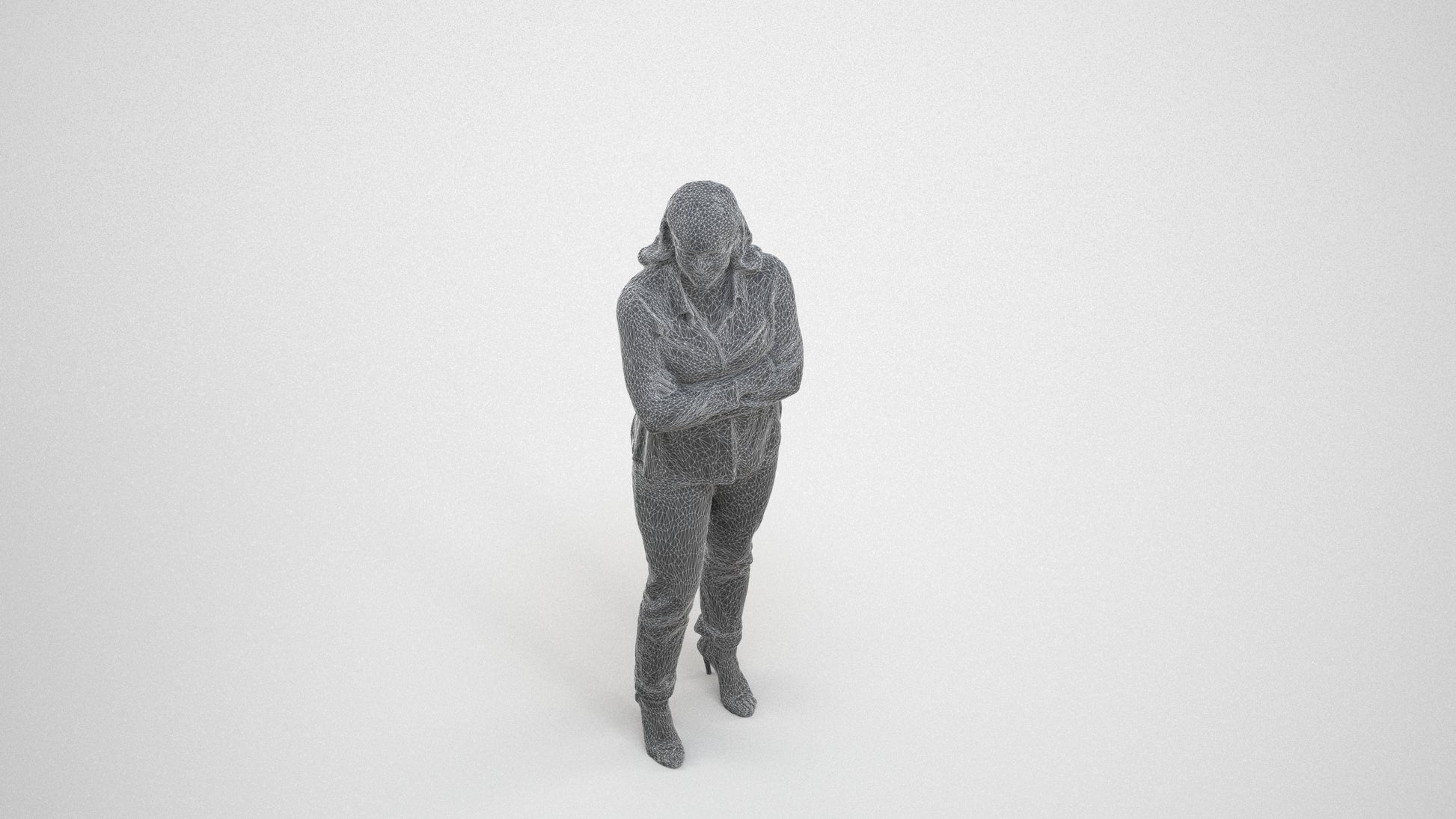 3D scanned woman standing casual, photorealistic archviz people for Enscape and SketchUp, wireframe three-quarter view