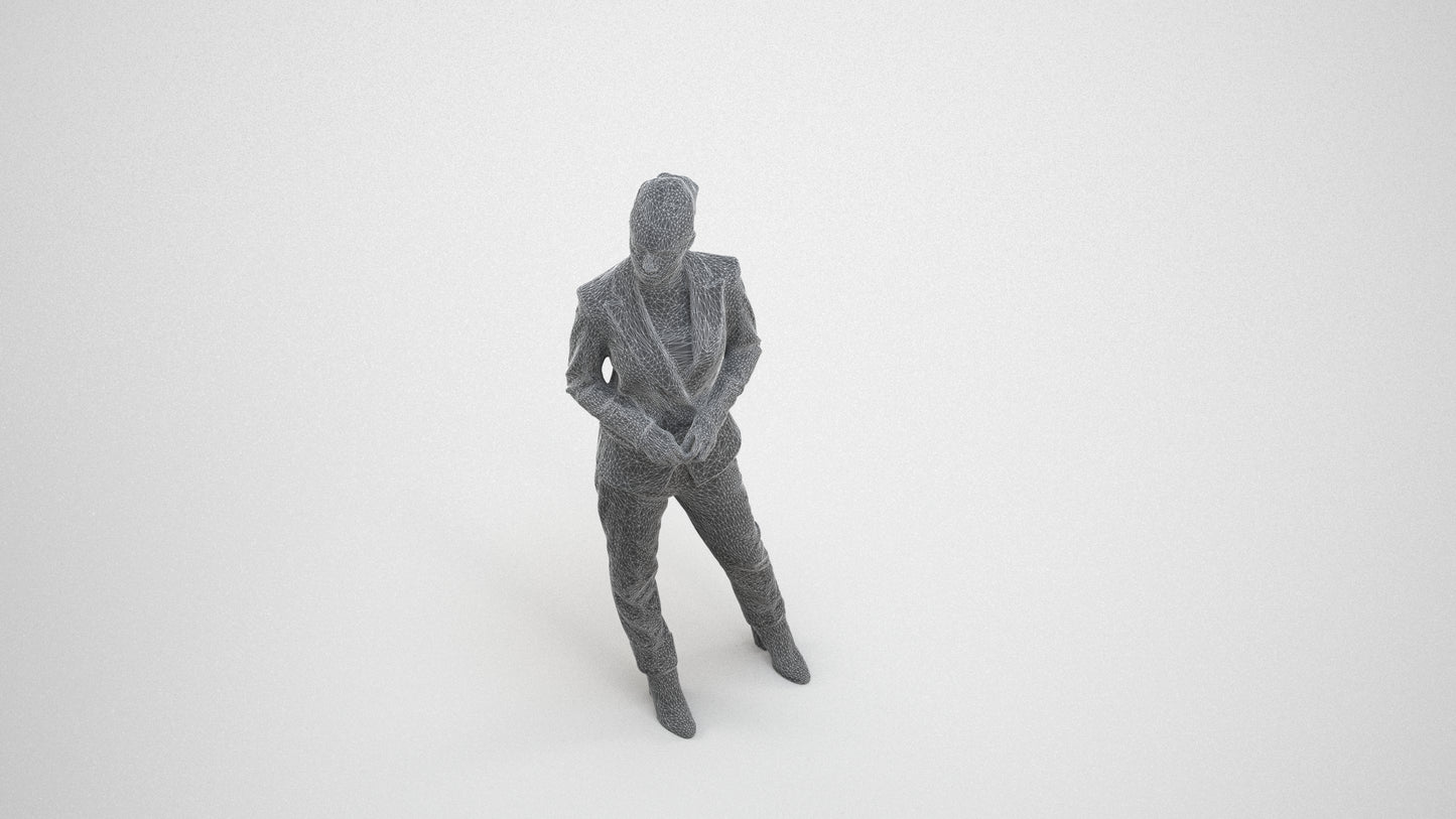 realistic 3D human woman business standing, archviz people FBX OBJ for Blender, wireframe three-quarter view