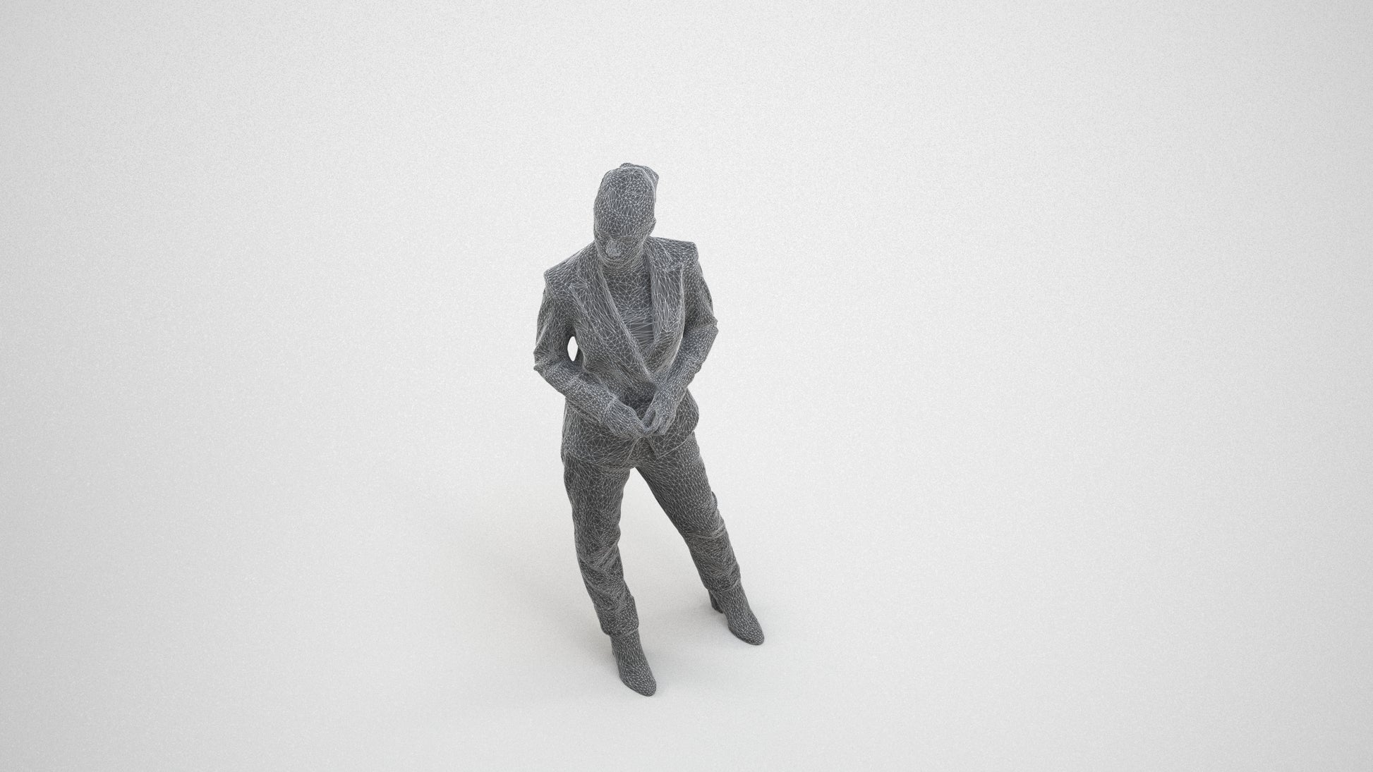 realistic 3D human woman business standing, archviz people FBX OBJ for Blender, wireframe three-quarter view