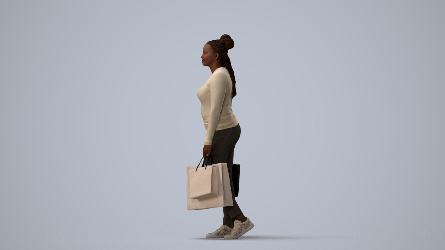 photogrammetry 3D woman casual shopping, realistic human model archviz FBX, three-quarter view render
