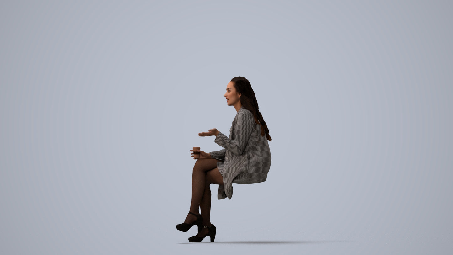 3D human model woman business sitting, photogrammetry scanned person for archviz, three-quarter view render