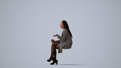 3D human model woman business sitting, photogrammetry scanned person for archviz, three-quarter view render
