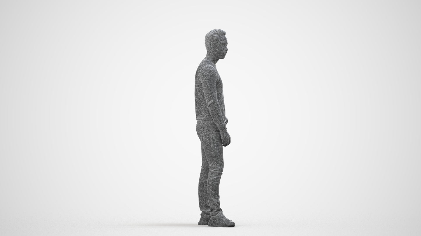 3D people model man casual standing, scanned human for 3ds Max rendering, wireframe side view