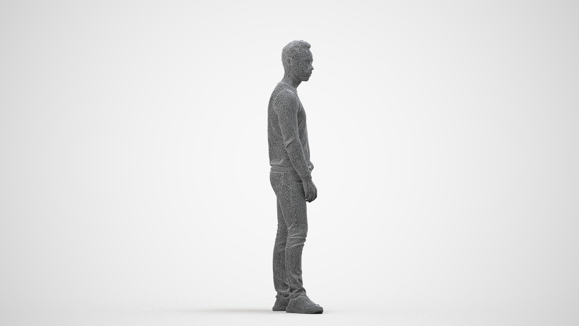 3D people model man casual standing, scanned human for 3ds Max rendering, wireframe side view