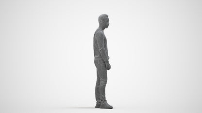 3D people model man casual standing, scanned human for 3ds Max rendering, wireframe side view
