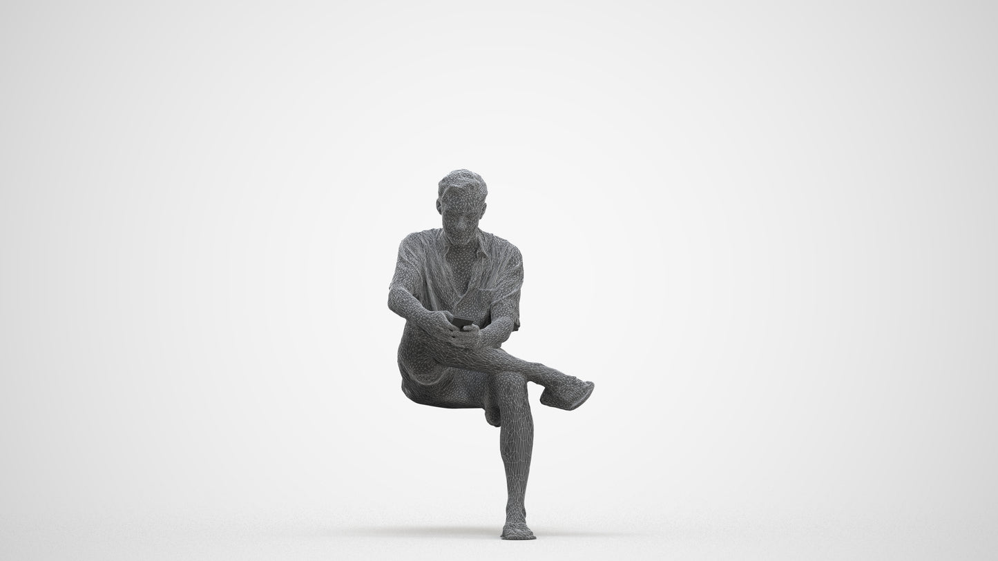 realistic 3D man casual sitting, scanned archviz people for Blender and 3ds Max, three-quarter front view render