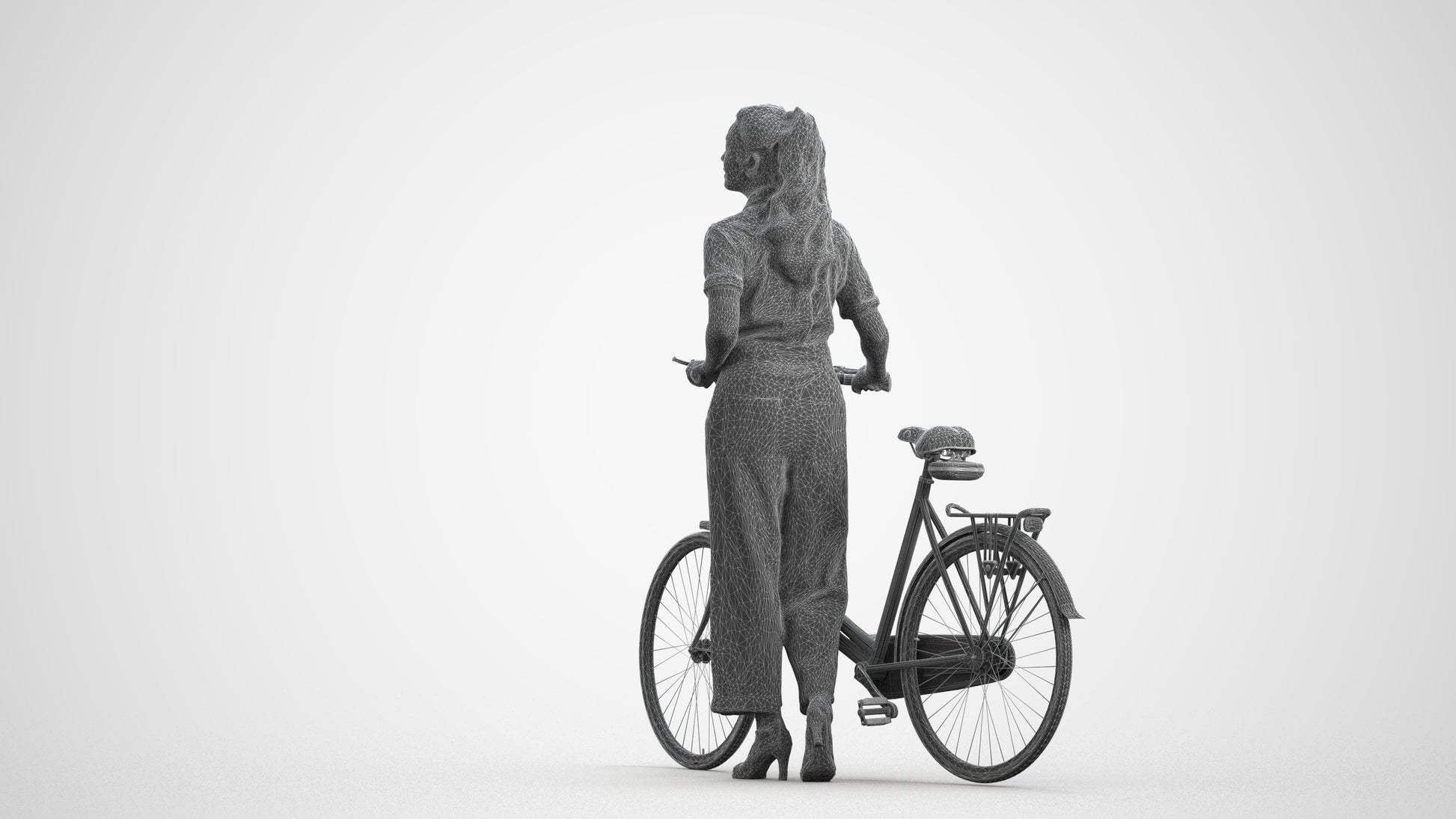 realistic 3D woman formal cycling, scanned archviz people for Blender and 3ds Max, wireframe front view