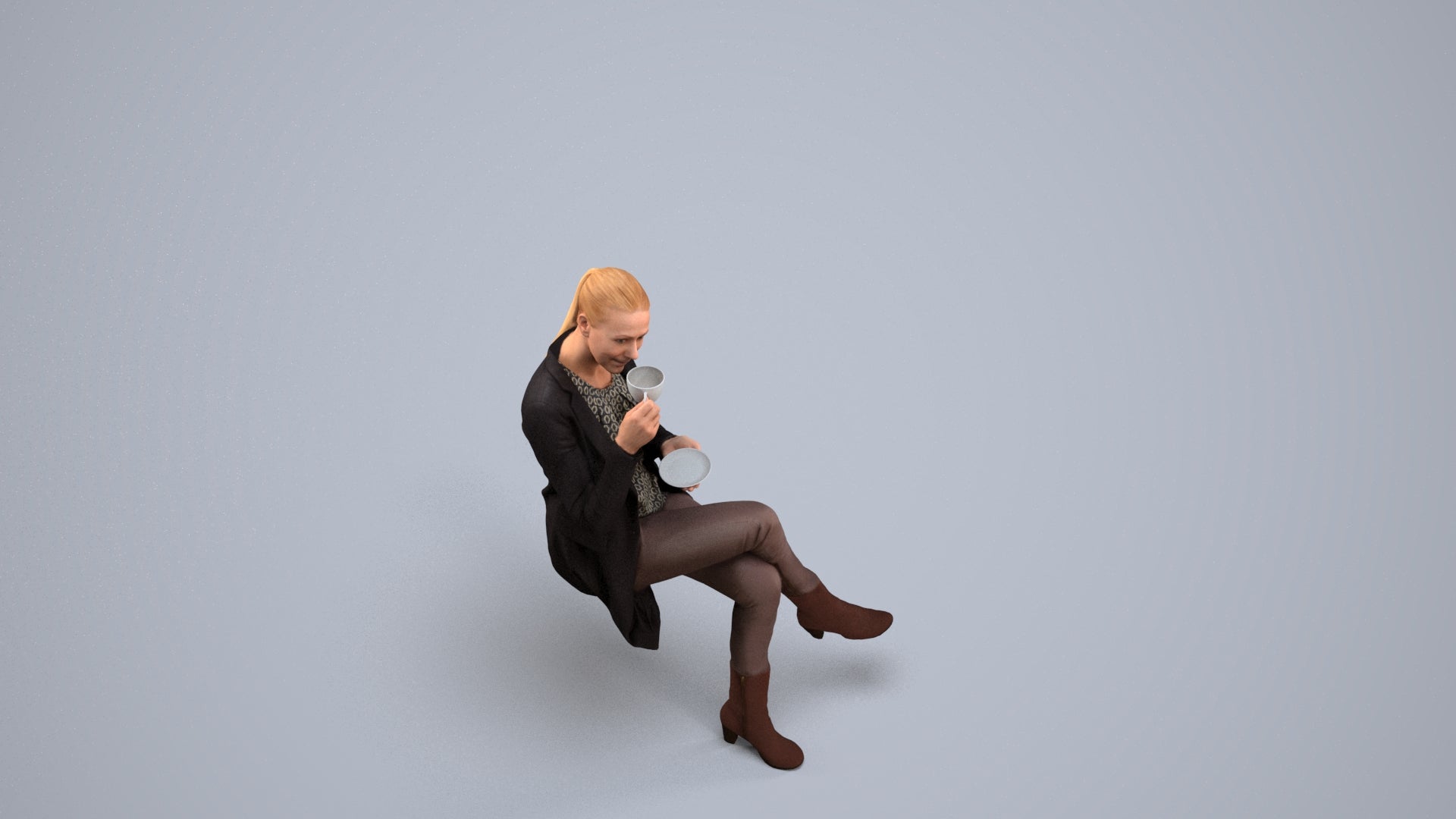 realistic 3D woman business sitting, scanned archviz people for Blender and 3ds Max, back view render
