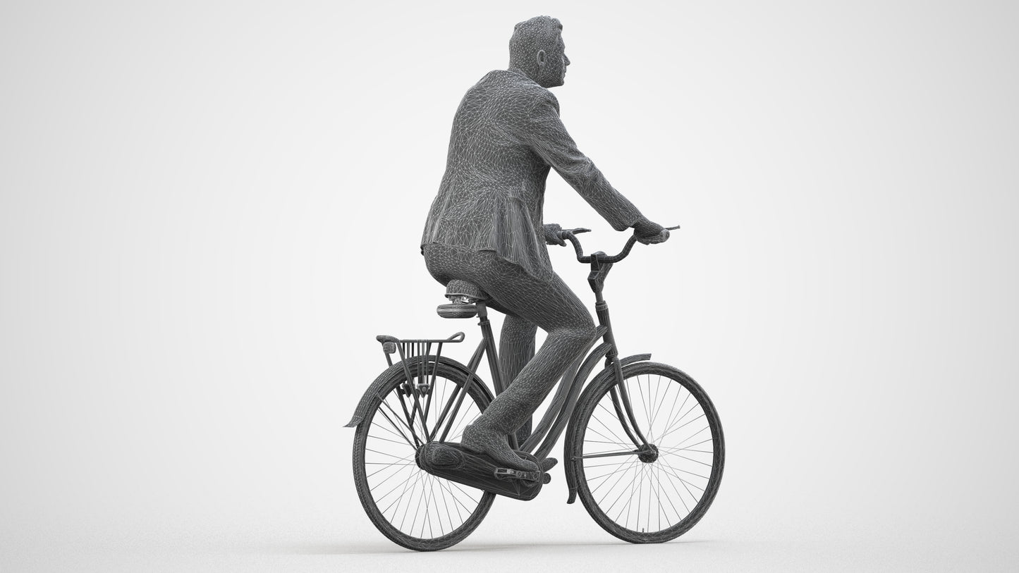 photogrammetry 3D man business cycling, realistic human model archviz FBX, wireframe side view